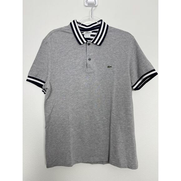 Lacoste Polo Shirt Mens Large Gray Regular Fit Striped Collar Cuffs Crocodile - Picture 1 of 9
